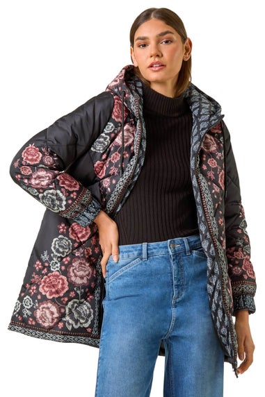 Roman Black Floral Print Quilted Hooded Coat