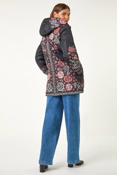 Roman Black Floral Print Quilted Hooded Coat
