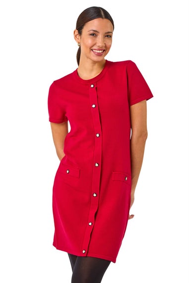 Roman Red Knitted Button Detail A-Line Dress