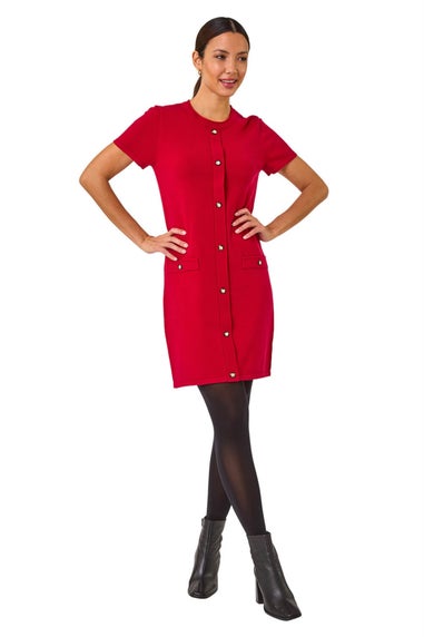 Roman Red Knitted Button Detail A-Line Dress