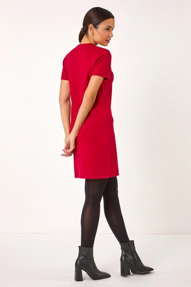 Roman Red Knitted Button Detail A-Line Dress