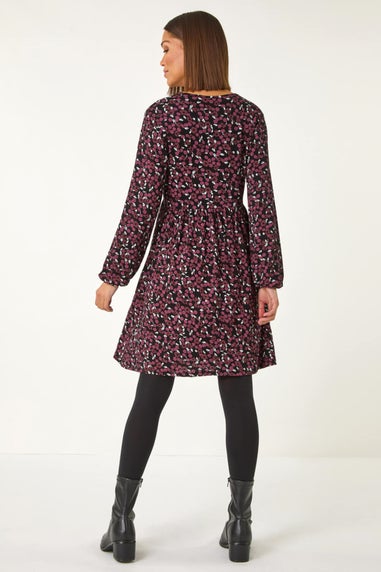 Roman Burgundy Ditsy Floral Button Detail Dress