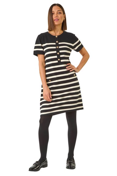 Roman Black Stripe Button A-Line Knit Dress