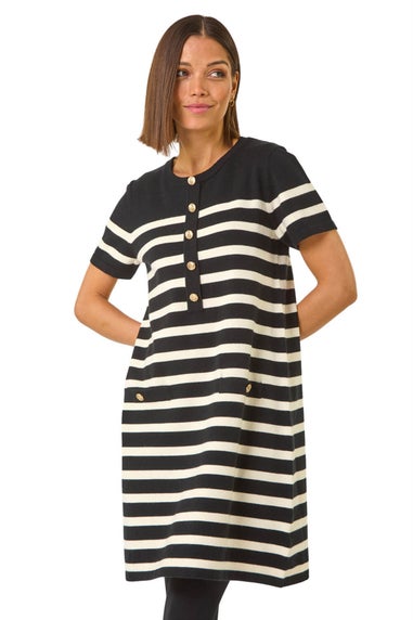 Roman Black Stripe Button A-Line Knit Dress