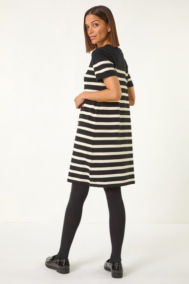 Roman Black Stripe Button A-Line Knit Dress