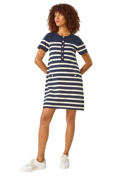 Roman Navy Stripe Button A-Line Knit Dress