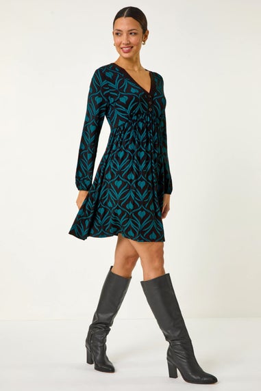 Roman Blue Geo Print Button Detail Stretch Dress