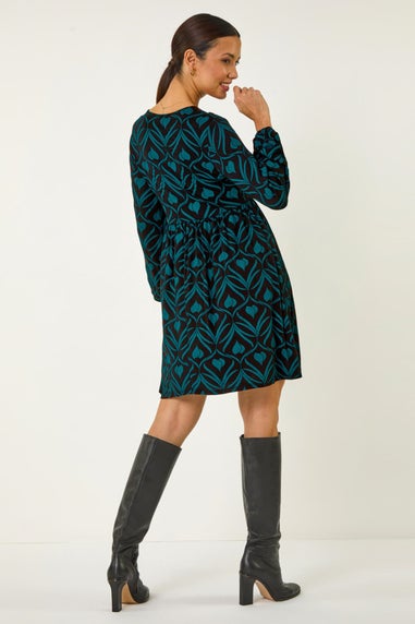 Roman Blue Geo Print Button Detail Stretch Dress