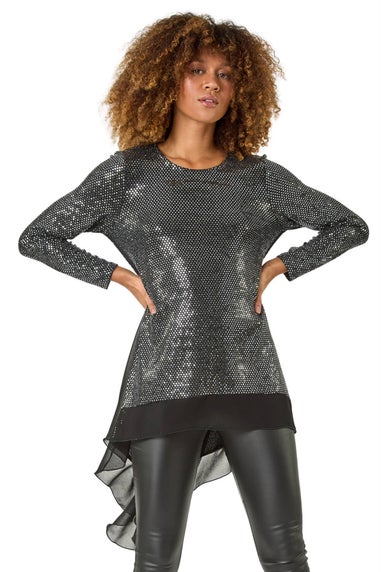 Roman Silver Chiffon Hem Sequin Stretch Tunic Top