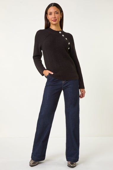 Roman Black Textured Buttoned Neck Knit Jumper