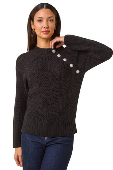 Roman Black Textured Buttoned Neck Knit Jumper