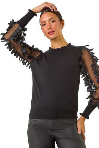 Roman Black Sheer Feather Sleeved Jumper
