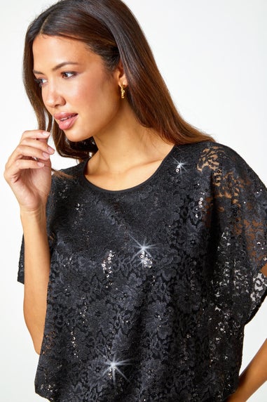 Roman Black Sequin Lace Overlay Stretch Top