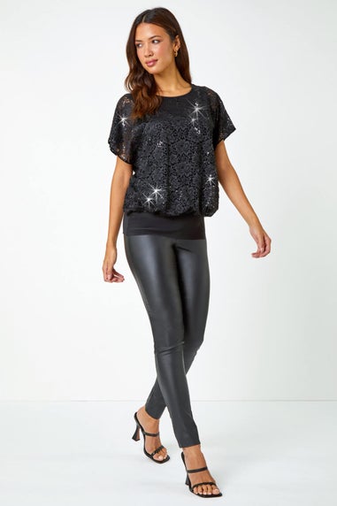 Roman Black Sequin Lace Overlay Stretch Top