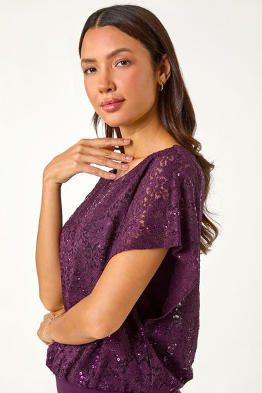 Roman Purple Sequin Lace Overlay Stretch Top