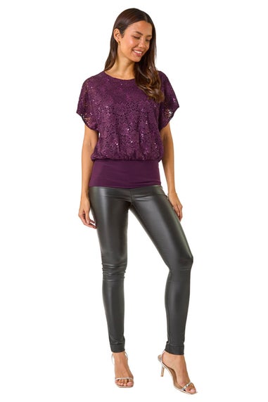 Roman Purple Sequin Lace Overlay Stretch Top