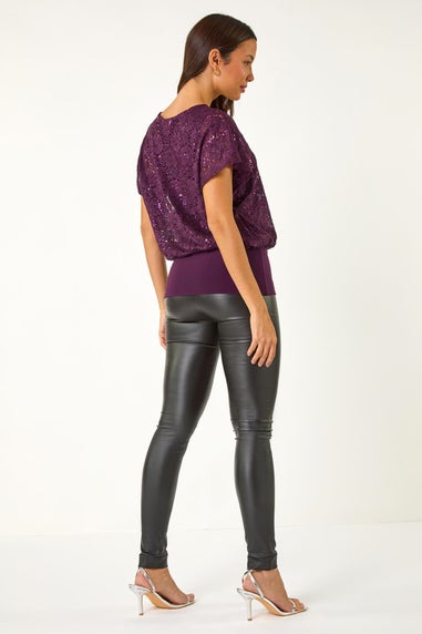 Roman Purple Sequin Lace Overlay Stretch Top