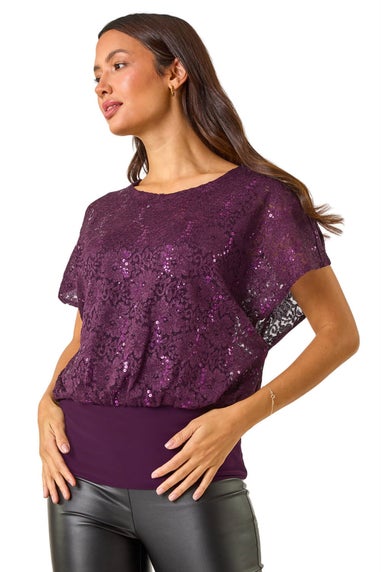 Roman Purple Sequin Lace Overlay Stretch Top