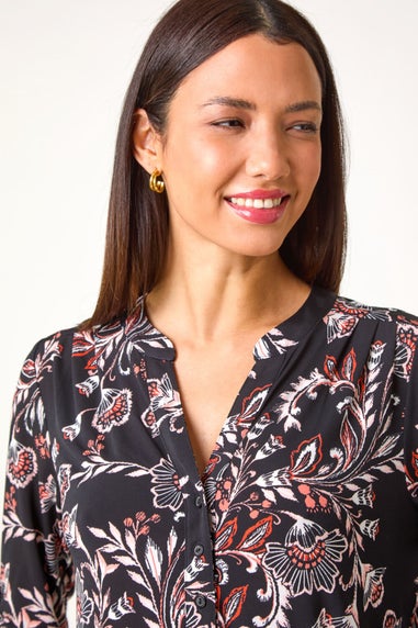 Roman Coral Floral Print Stretch Shirt