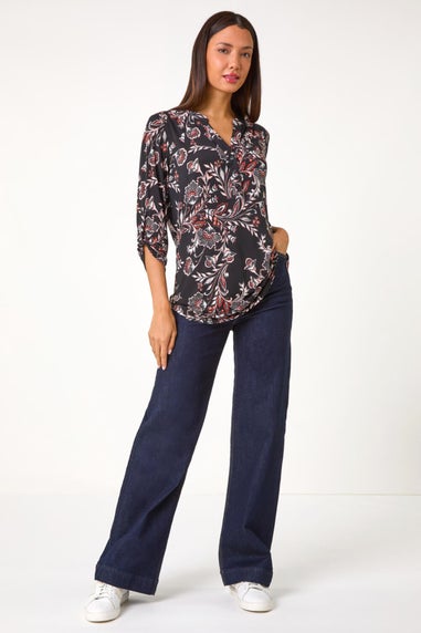 Roman Coral Floral Print Stretch Shirt