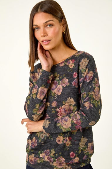 Roman Purple Floral Print Drop Shoulder Stretch Top