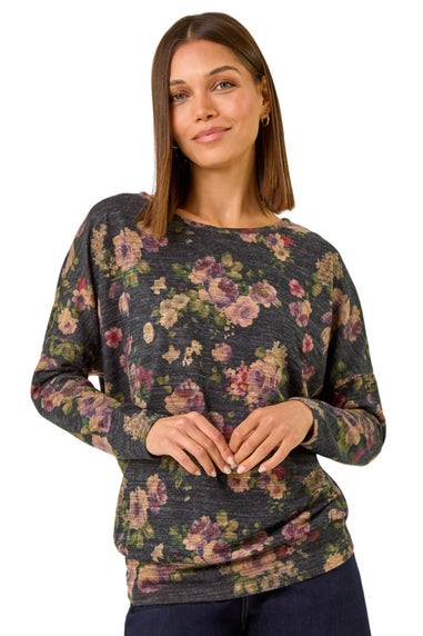Roman Purple Floral Print Drop Shoulder Stretch Top
