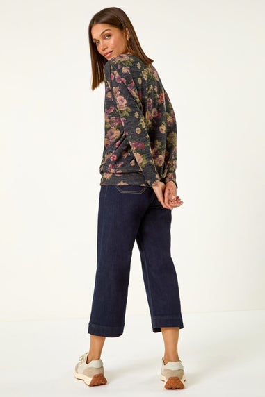Roman Purple Floral Print Drop Shoulder Stretch Top