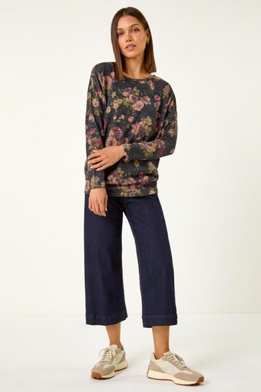 Roman Purple Floral Print Drop Shoulder Stretch Top