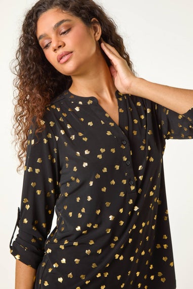 Roman Gold Foil Heart Placket Stretch Top