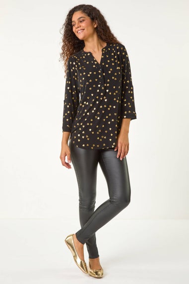 Roman Gold Foil Heart Placket Stretch Top