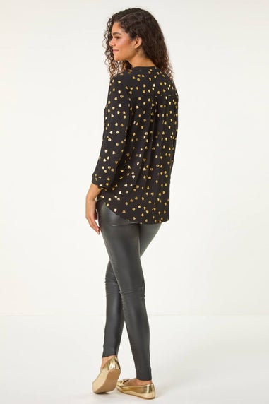 Roman Gold Foil Heart Placket Stretch Top