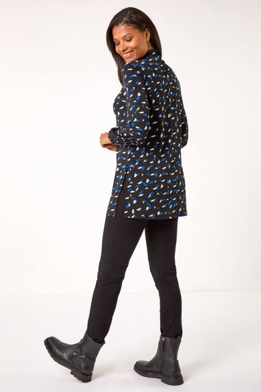 Roman Blue Abstract Print High Neck Tunic Top