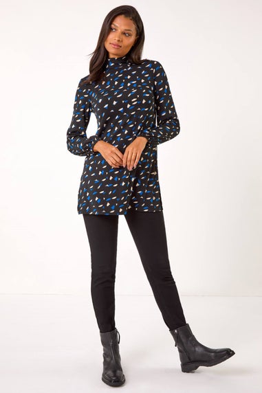 Roman Blue Abstract Print High Neck Tunic Top