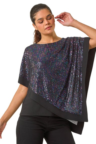 Roman Purple Sequin Overlay Stretch Tunic Top