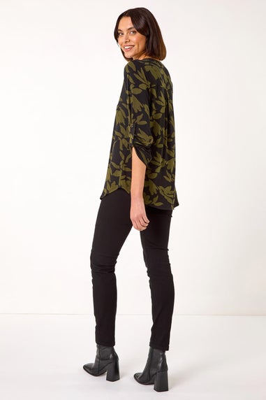 Roman Khaki Leaf Print Buttoned Stretch Shirt