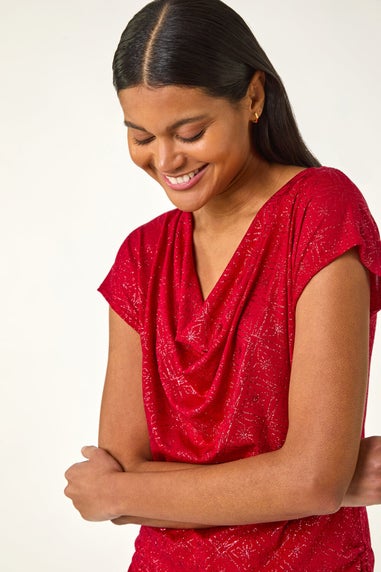 Roman Red Sparkle Cowl Neck Tie Side Top