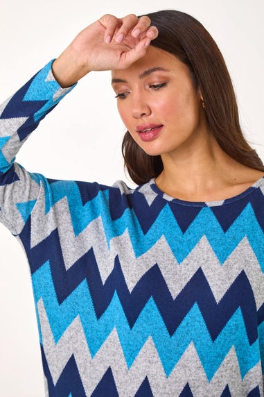 Roman Blue Zig Zag Stripe Print Top