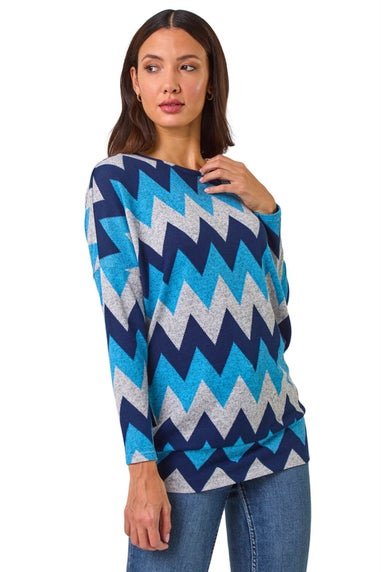 Roman Blue Zig Zag Stripe Print Top