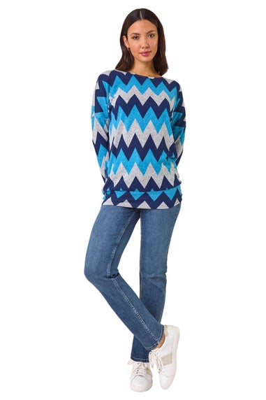 Roman Blue Zig Zag Stripe Print Top