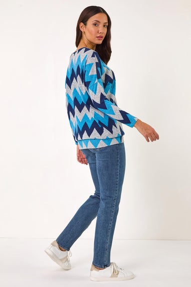 Roman Blue Zig Zag Stripe Print Top
