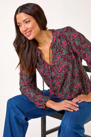 Roman Pink Floral Print Tie Neck Stretch Top