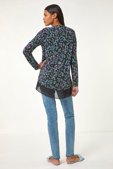 Roman Black Floral Print V-Neck Tunic Top