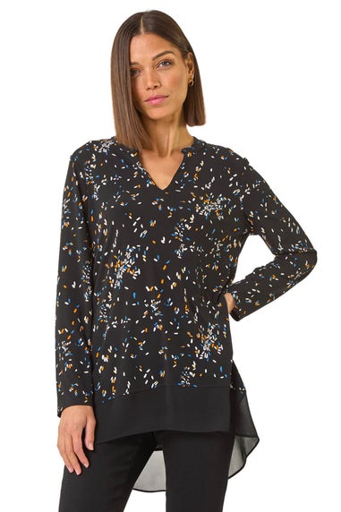 Roman Black Abstract Print V-Neck Tunic Top