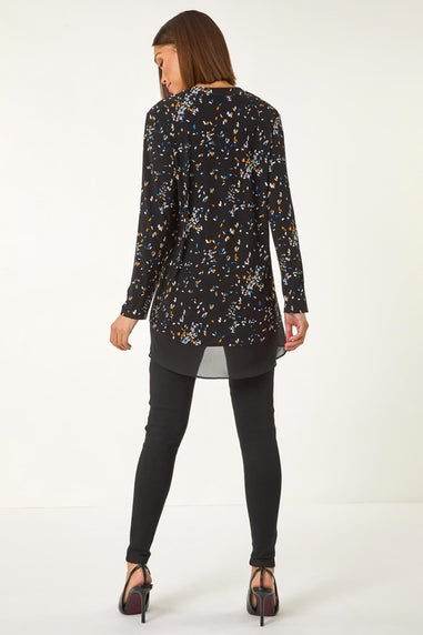 Roman Black Abstract Print V-Neck Tunic Top