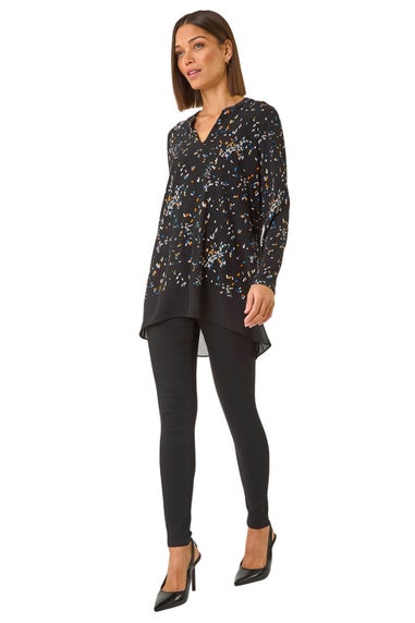 Roman Black Abstract Print V-Neck Tunic Top