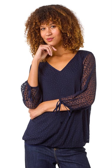 Roman Navy Burnout Print V-Neck Overlay Mesh Top