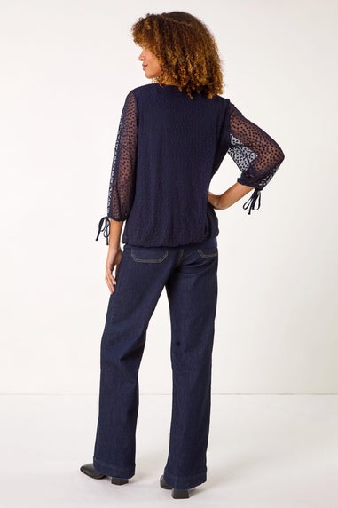 Roman Navy Burnout Print V-Neck Overlay Mesh Top