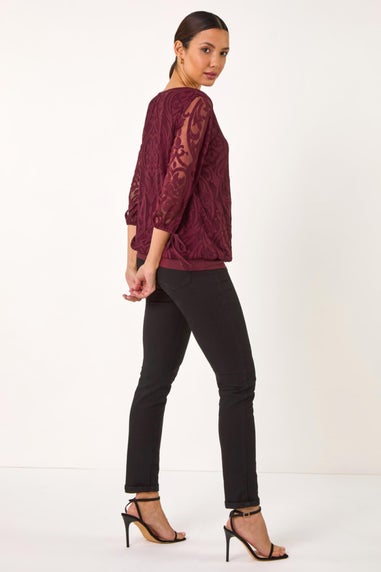 Roman Burgundy Burnout Print V-Neck Overlay Mesh Top