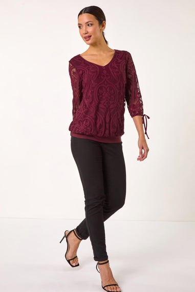 Roman Burgundy Burnout Print V-Neck Overlay Mesh Top