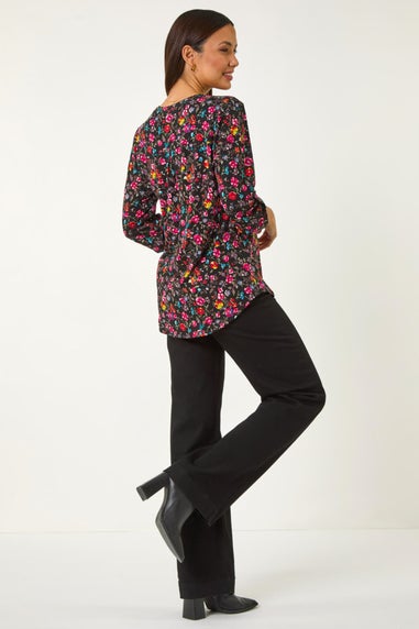 Roman Pink Floral Print V-Neck Stretch Top